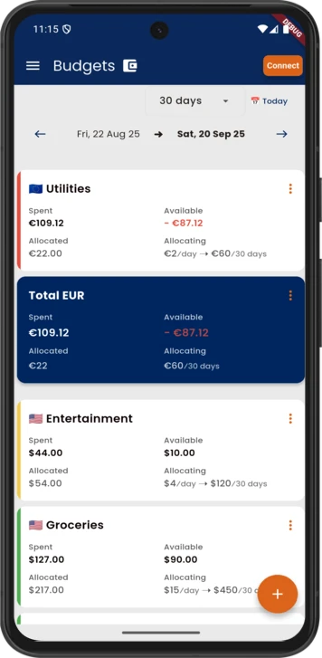 a phone showing budget categories